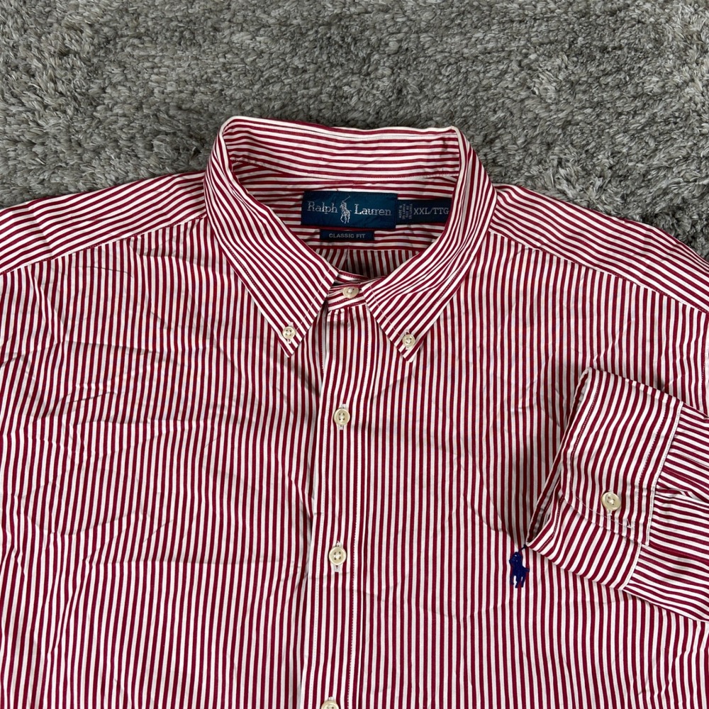 Ralph Lauren Shirt Men XXL Red White Striped Button Down Classic Fit Long Sleeve